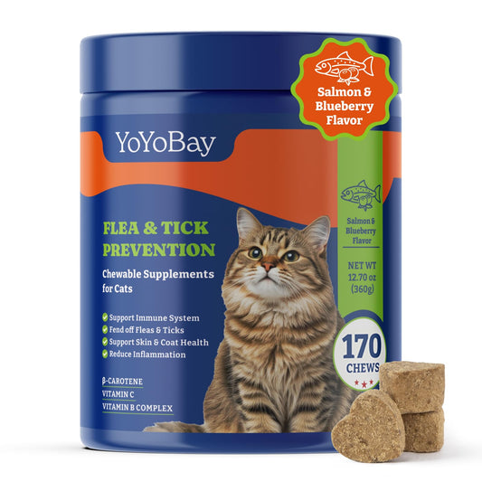 YoYoBay Flea and Tick Prevention for Cats Chewable - 170 Soft Chews Salmon & Blueberry Flavor - Cats Flea and Tick Treatment Chewable Natural Defense - Cats Immune Support Supplement