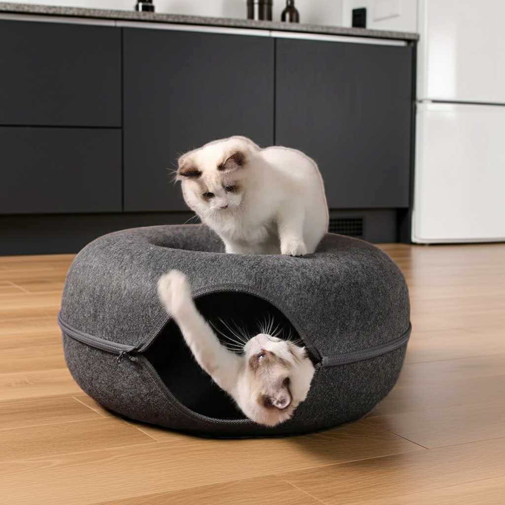 Cat Donut Bed Tunnel – Felt 2-in-1 Nest & Tunnel for Cats, Small & Large